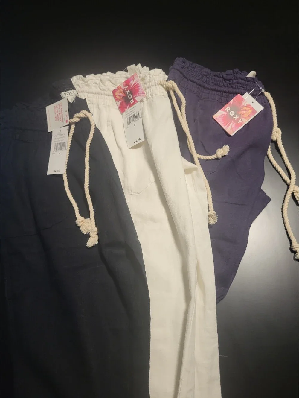3 Pair Roxy Rope-Drawstring Linen Pants — White, Black, Blue